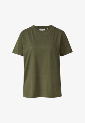 Olivegrünes T-Shirt mit kurzen Ärmeln aus weichem Stoff, versehen mit kleinen dekorativen Nieten, die in einem Muster über die Vorderseite angeordnet sind. Mit Rundhalsausschnitt.