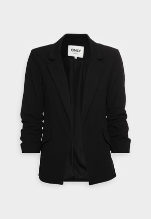 Black tailored blazer with notch lapels, ruched sleeves, front flap pockets, and smooth inner lining, displayed against a plain background.