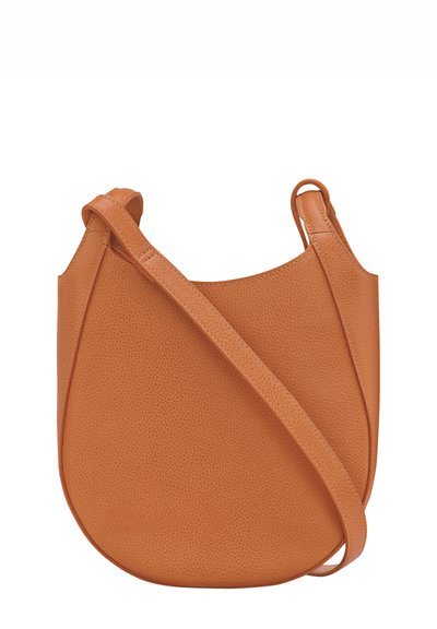 Orange leather crossbody bag with a smooth texture, rounded shape, and a single adjustable strap. Minimalist design with no visible hardware.