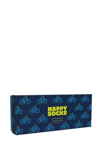 Dárková sada Happy Socks v tmavě modré barvě s grafiky žlutých bicyklů. Na přední straně se nachází etiketa se jménem značky a detaily produktu ve výrazně žluté barvě.