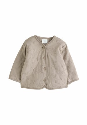 Light beige quilted baby jacket with floral embroidery, rounded neckline, long sleeves, and five round buttons down the front.