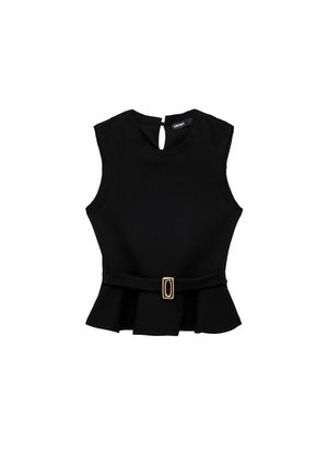 Zwarte mouwloze peplumtop met een ronde halslijn, knoopsluiting aan de achterkant en een riem met een rechthoekige gouden gesp in de taille.
