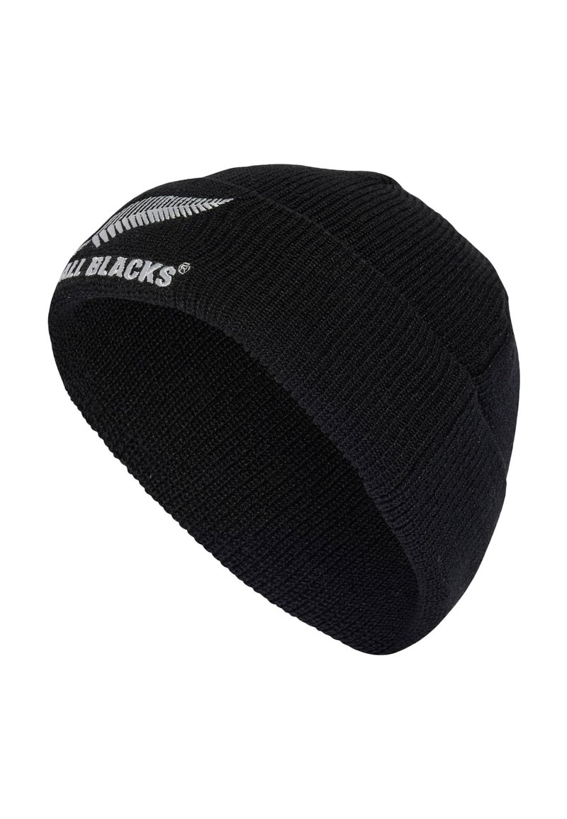 Black knitted beanie with a snug fit, featuring a silver "All Blacks" logo and a fern design. Soft texture, uniform shape, and without embellishments.