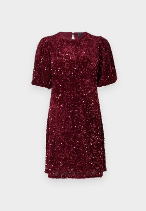 Short-sleeved, burgundy dress covered in sequins, featuring a round neckline, puffed sleeves, and a back keyhole closure.