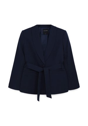 Blazer blu navy con colletto sciallato, chiusura a un bottone, cintura in tessuto, e due tasche frontali, taglia S.