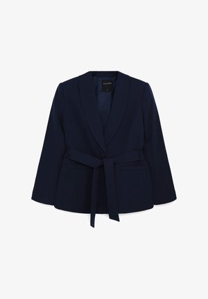 Blazer blu navy con colletto sciallato, chiusura a un bottone, cintura in tessuto, e due tasche frontali, taglia S.