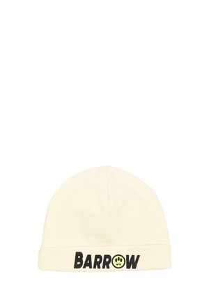 Gorro tipo beanie de color crema con un borde doblado que presenta la palabra "BARROW" y un pequeño logo de cara sonriente en negro y amarillo.