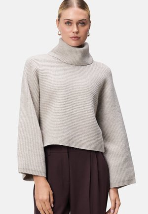 Hellgrauer, gerippter Rollkragenpullover mit weiten Ärmeln und cropped Saum. Hergestellt aus weichem Material, mit lockerer Passform und subtiler Textur.