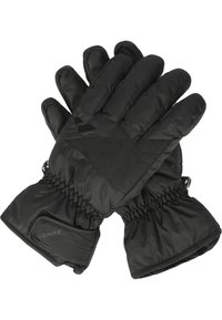 Svarta isolerade handskar har en texturerad yta och elastiska manschetter. Utmärkande design inkluderar en logotyp och ett förstärkt palmskydd för bättre grepp.