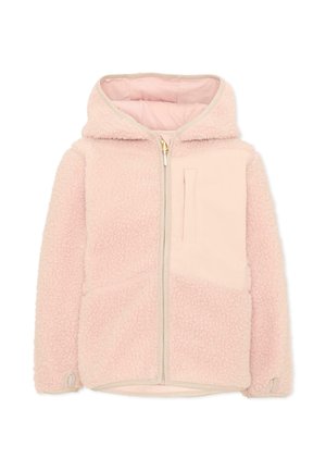 Giacca in pile rosa chiaro con cappuccio, cerniera frontale completa, fori per i pollici sulle maniche e tasca sul petto con apertura verticale sul lato destro.