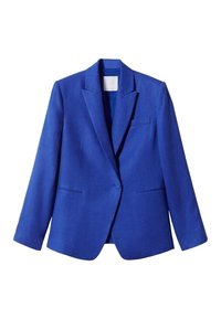 Modrý lněný blazer s klopami, jednou přední kapsou a dvěma bočními kapsami; strukturovaný, přizpůsobený tvar s hladkou texturou.