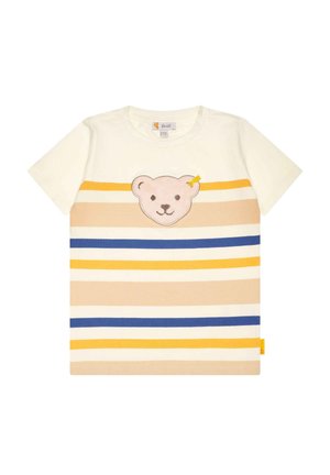 Kurzärmeliges Kinder-T-Shirt mit horizontalen Streifen in Gelb, Beige und Blau sowie einem Teddybär-Gesichtspatch in der Mitte der Brust.