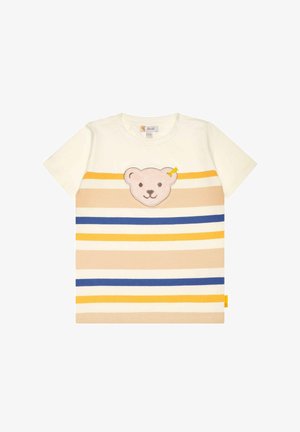 Koszulka dziecięca z krótkim rękawem w poziome paski w kolorach żółtym, beżowym i niebieskim z naszywką z twarzą misia na środku klatki piersiowej.
