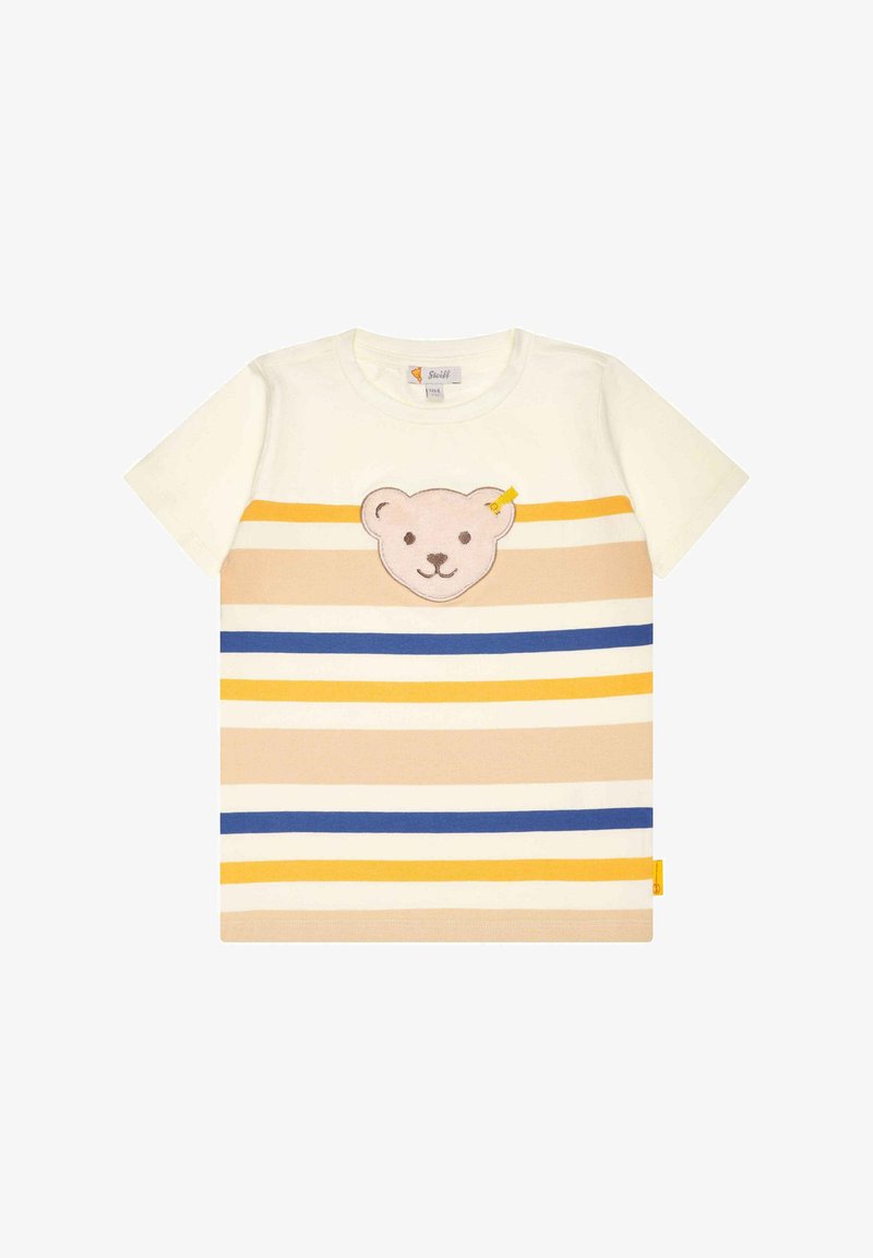 T-shirt à manches courtes pour enfants avec des rayures horizontales jaunes, beige et bleues, et un écusson en forme de visage d'ours en peluche centré sur la poitrine.