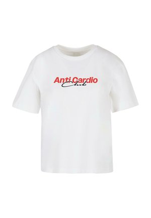 White cotton t-shirt with short sleeves, featuring "Anti Cardio" in red and "Club" in black script on the front. Classic crew neckline.