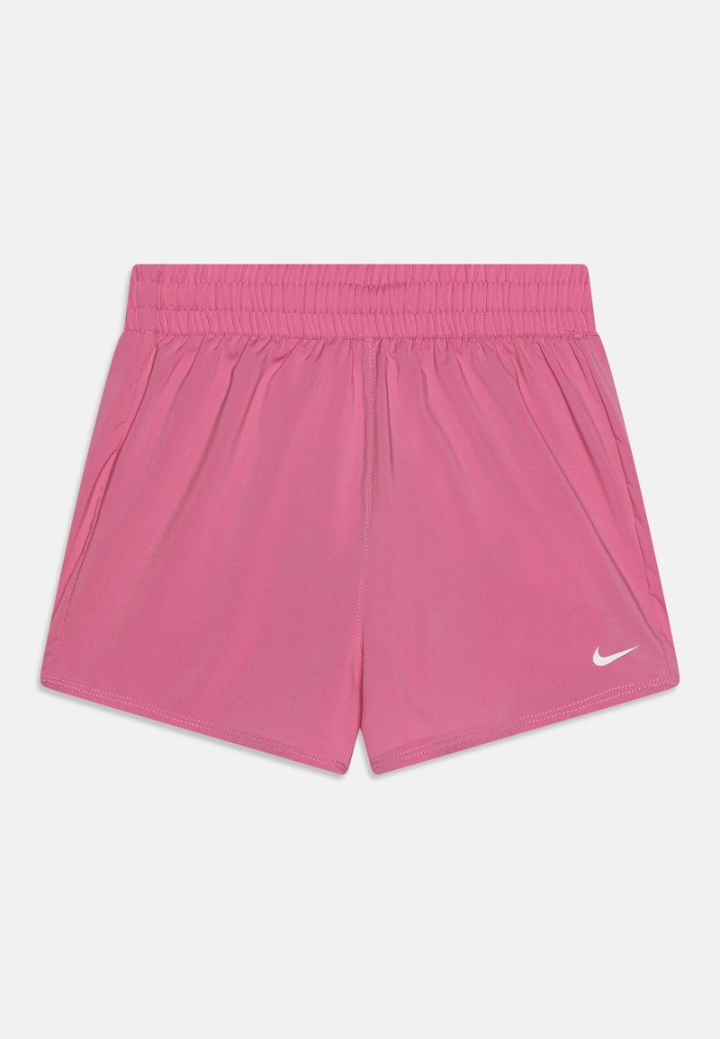 Rozā sporta šorti ar elastīgu jostasvietu, sānu kabatām un mazu baltu Nike logotipu zemāk pa kreisi. Gluda auduma tekstūra.