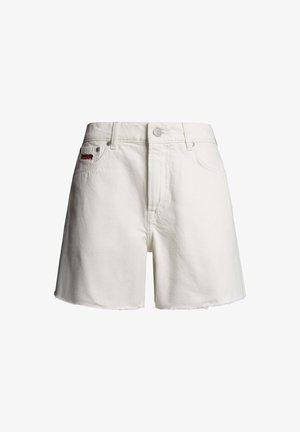 Valged teksapüksid, millel on narmendavad ääred, esikinnis nööpidega, vööaasad ja vasakul taskul punane "RBR" tikand.