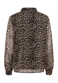 Ilga rankovėbluzė su rudos ir juodos leopardų raštu, laisvas pjūvis, sagčių rankovės, ir klasikinis apykaklė, matoma iš nugaros.