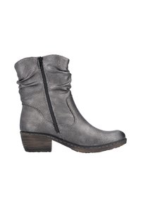 Botte en cuir gris mi-mollet avec finition texturée, fermeture éclair latérale, design supérieur ample et talon bas en bois empilé.