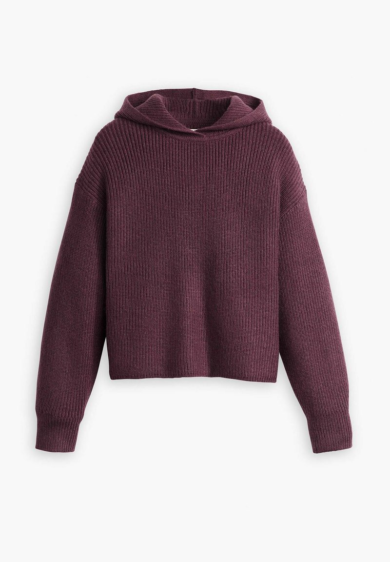 Gehäkelter, verkürzter Hoodie in tiefem Burgunderrot mit einer breiten Kapuze, geripptem Textur, langen Ärmeln und abgesenkten Schulternähten.