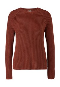 Gebreide trui in roestkleur met een geribbelde textuur, ronde halslijn en lange mouwen. Heeft raglannaden en een losse pasvorm.