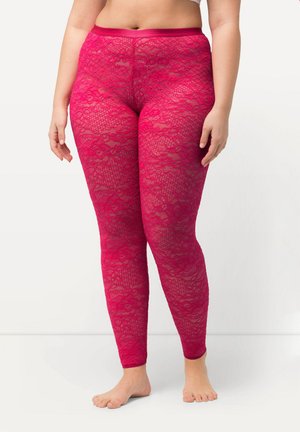 Roze kanten leggings met een bloemenpatroon, strakke pasvorm en een brede, gladde tailleband. Het materiaal lijkt licht en textuur te hebben.