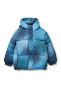 Chaqueta de plumas ligera en tonos azules degradados, con capucha, puños elásticos y un diseño acolchado para mayor calidez y comodidad.