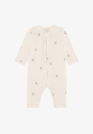 Flødefarvet babyheldragt med lange ærmer, lynlåslukning og små bamseprints spredt over stoffet.