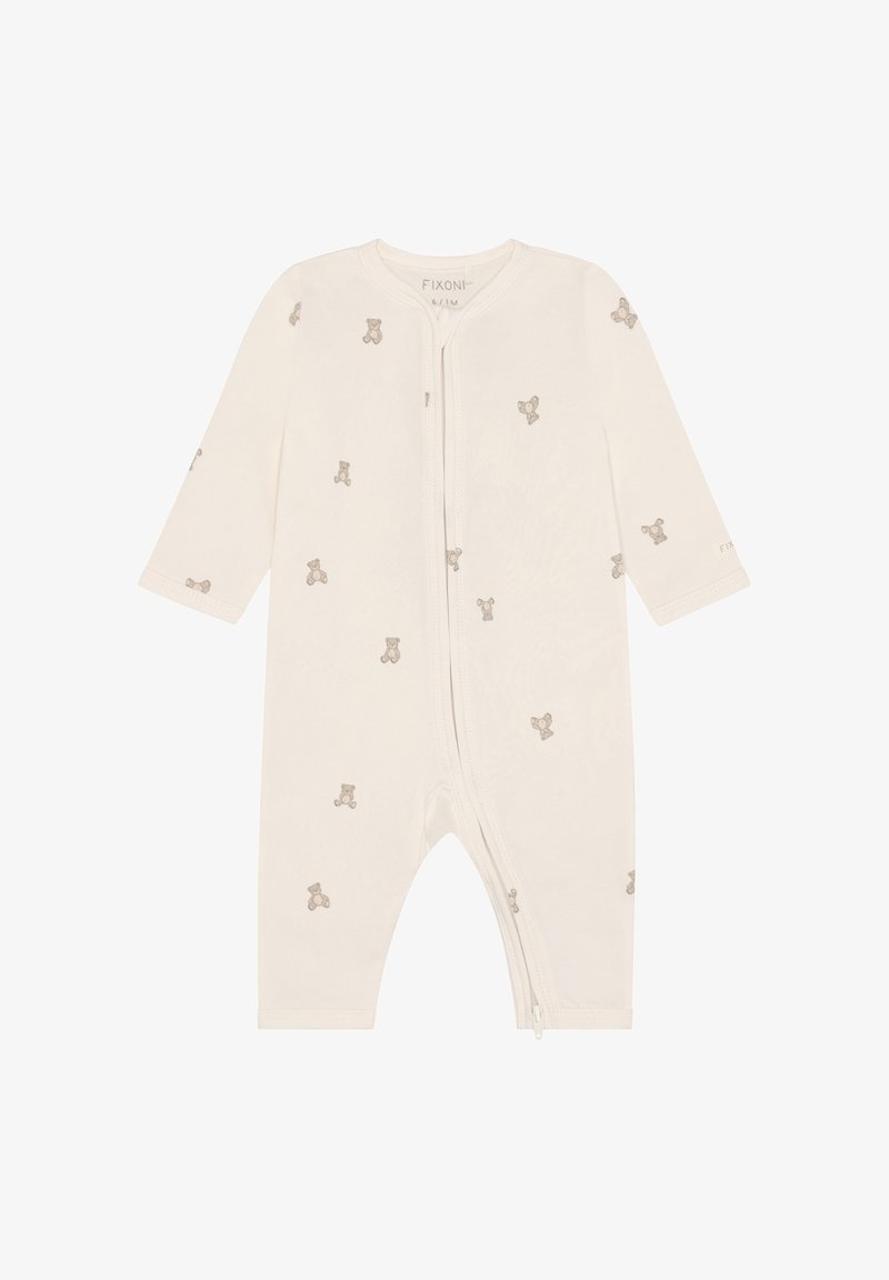 Body pour bébé de couleur crème à manches longues, fermeture éclair, avec de petits motifs d'ours en peluche dispersés sur le tissu.