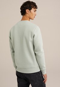 Light green, cotton sweatshirt with a crew neck, ribbed cuffs, and waistband. Displayed from the back, showing smooth texture and simplicity.