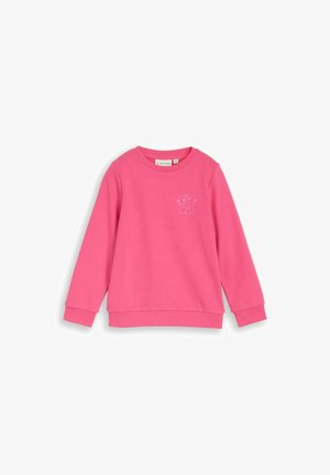 Helles pinkfarbenes Sweatshirt mit langen Ärmeln und Rundhalsausschnitt, mit gerippten Bündchen und Saum, mit einer kleinen Koala-Stickerei auf der linken Brust.