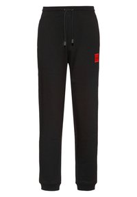 Zwarte sweatpants gemaakt van een katoenmix, met een elastische tailleband met trekkoord en een rood logo-oproepje op de linker bovenbeen.
