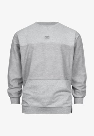 Hanorac gri din amestec de bumbac, cu guler rotund, mâneci lungi și un design texturat, având un logo mic pe piept.