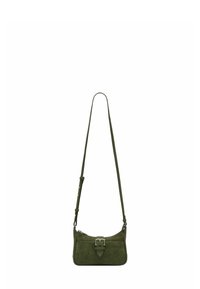 Borsa a tracolla verde in suede con tracolla regolabile, forma rettangolare, chiusura con zip e un accento a fibbia frontale. Texture morbida con dettagli minimi.
