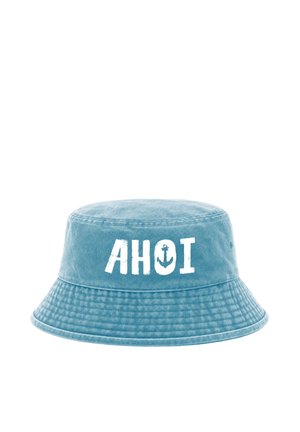 Light blue denim bucket hat with white text "AHOI" and a small anchor symbol inside the letter "O" on the front.