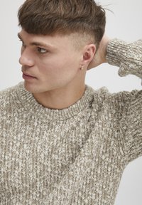 Light brown knitted sweater with a textured pattern, featuring a ribbed crew neckline and long sleeves, shown on a model.