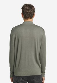 Långärmad, polostiltröja i dämpad grön, tillverkad av ett mjukt stickat material. Har krage och ribbat ärmslut. Enkel och minimalistisk design.