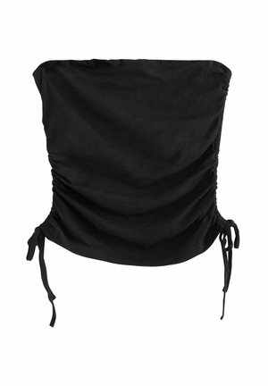Musthave mustrippidega must rihmata topp, millel on kogutud kangast detailid ja külgsidemed reguleerimiseks. Valmistatud pehmest ja kerge materjalist.