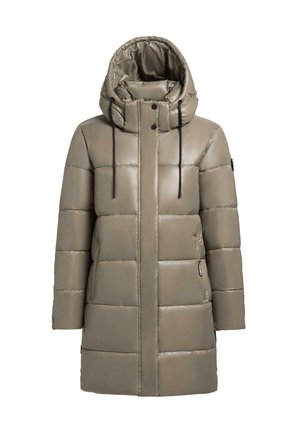 Gepolsterte Parka-Jacke in hellem Olivgrün, mit hohem Kragen, verstellbarem Kapuzenzugband, vorderen Taschen und glänzender Oberfläche.