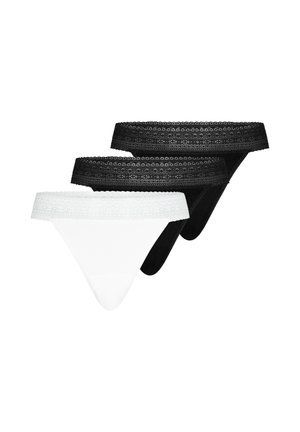 Three women's lace-trimmed thong underwear in white and black, arranged overlapping on a white background.