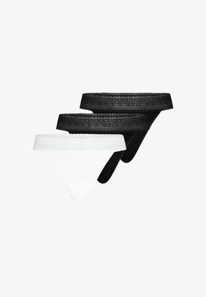 Three women's lace-trimmed thong underwear in white and black, arranged overlapping on a white background.