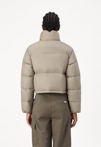 Giacca a vento cropped in tessuto grigio chiaro con colletto alto e sezioni volumetriche trapuntate. Abbinata a pantaloni cargo color khaki.