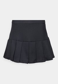 Musta pliseerattu minihame leveällä vyötärönauhalla, sileällä kankaalla ja hieman levenevällä helmalla.