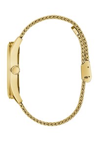 Gouden horloge met een rechthoekige kast, gladde lunette en een schakelarmband. Glanzende afwerking met een veilige sluiting aan de armband.