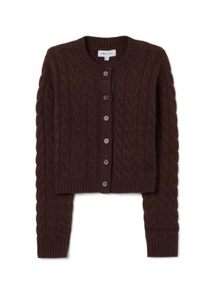 Cardigan marrone lavorato a maglia con motivo a treccia, scollo rotondo e sei bottoni, con polsini e orlo a coste.
