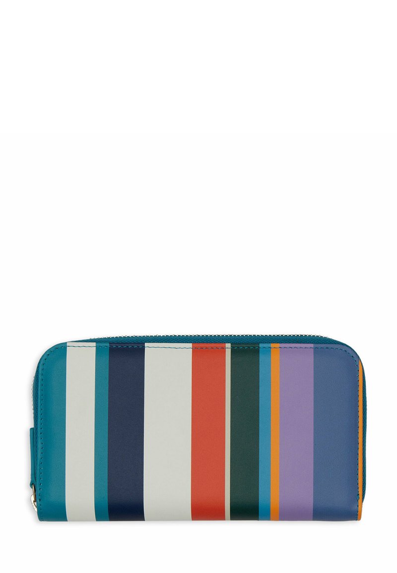 Zippered wallet featuring a multi-colored striped design in blue, green, red, white, and orange tones with a smooth texture.