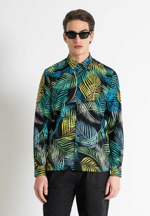 Button-up shirt featuring a black background with vibrant green, blue, and yellow palm leaf patterns; standard collar and long sleeves.