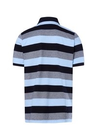 Polohemd mit horizontalen Streifen in Hellblau, Dunkelblau, Grau und Marineblau. Kurze Ärmel und klassischer Kragen. Weicher Stoff.