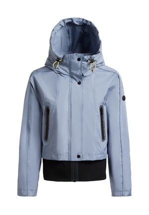 Világoskék kapucnis dzseki fekete cipzáros zsebekkel, sárga húzózsinórokkal és fekete szegélyszalaggal, fehér háttéren bemutatva.