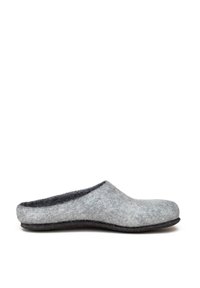 Gray wool felt clogs with a soft texture, rounded toe, low profile, and black rubber sole. No visible hardware or patterns.